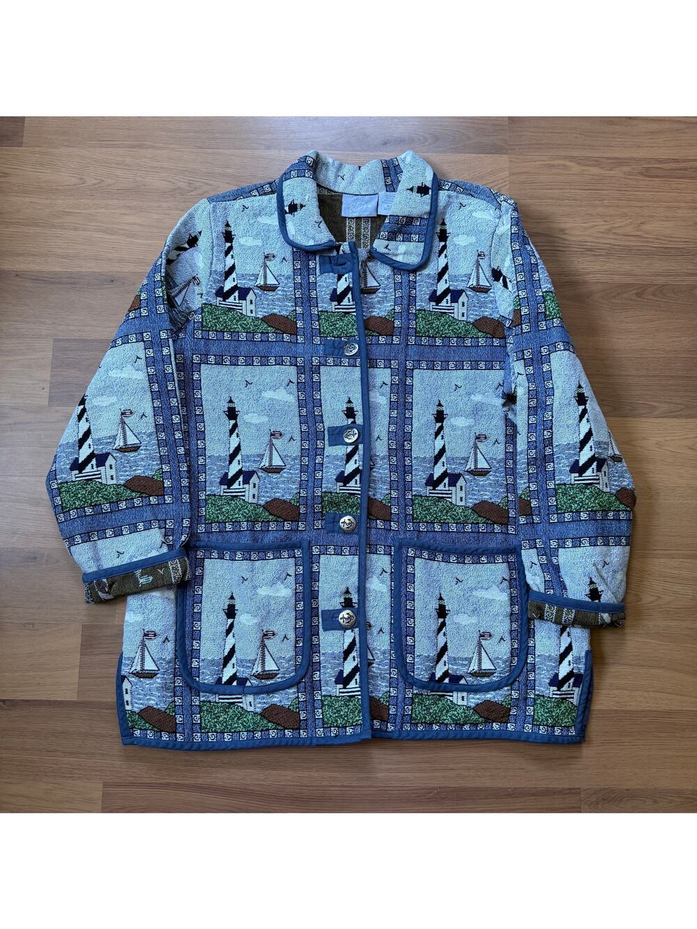 Women's Vintage Blair Sailboat Sailing Lighthouse Blue Tapestry Jacket Sz XL VTG